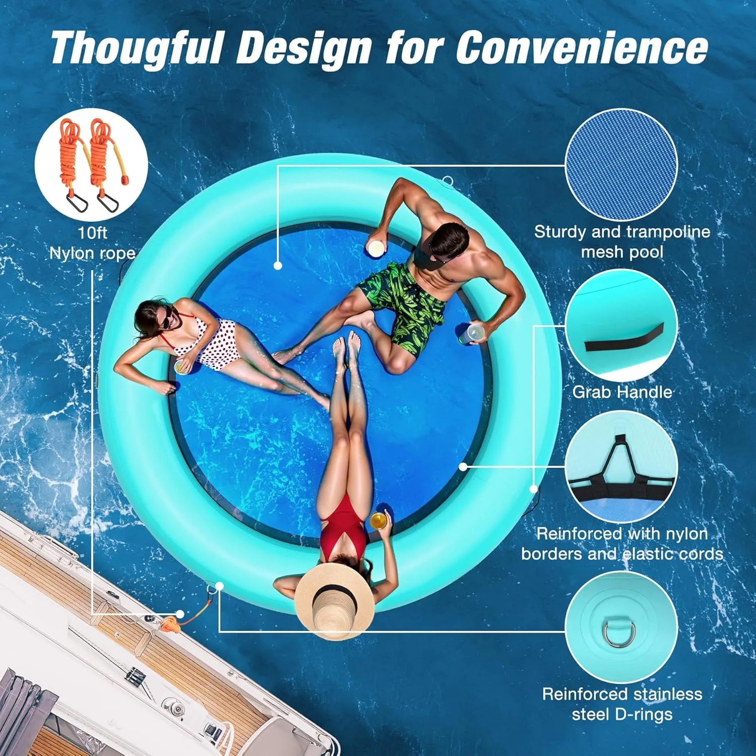Round Floating Ring, 6/8 FT Inflatable Water Hammock, Heavy Duty Lake Pool Ocean Floats for Adults, Fits 2-5, Float Island Platform for Tanning, Lounging, Water Recreation