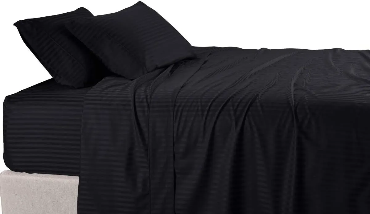 Royal Tradition Damask Striped 600-Thread-Count, 100-Percent Cotton Twin Extra Long XL 3PC Bed Sheets Set, Black