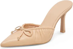 Ruched Kitten Heels for Women with Bows Comfortable Pointed Toe Mule Dressy Heels Sexy Slip on Stiletto Heels Pumps.