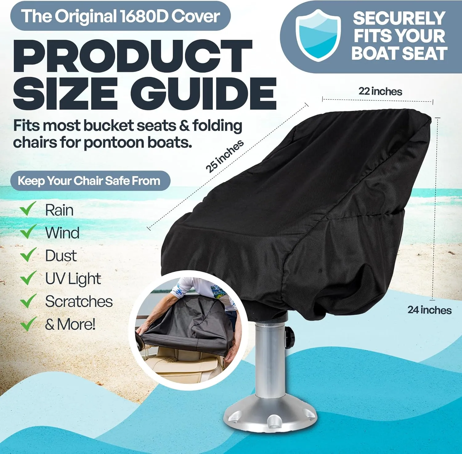 Safe Harbor Pontoon Boat Seat Covers - 1680D UV Resistant, Water Resistant, Universal Fit for Pontoon Boat Seats, Bucket Folding Chairs, and some Captain's Chairs - Black, 24 x 22 x 25 inches