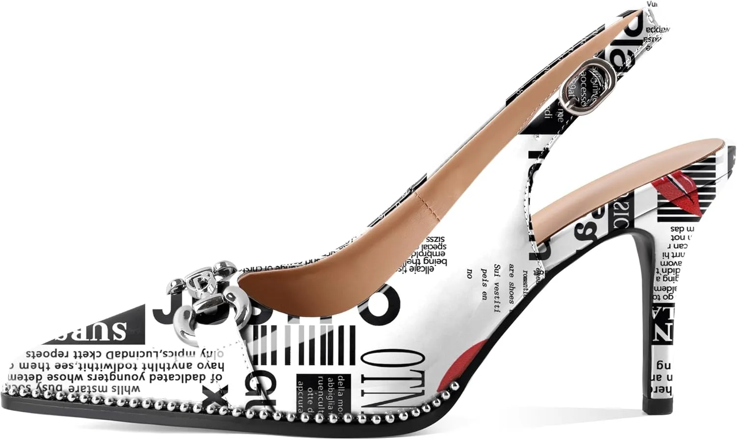 SAMMITOP Women Slingback High Heel Pumps Closed Pointed Toe Beaded Buckle Strap Slip On Stilettos 3.5 Inch Dress Pumps Shoes