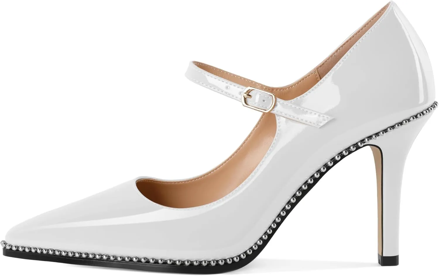 SAMMITOP Womens Mary Jane High Heel Pumps Stilettos Pointed Toe Silver Beaded Ankle Strap Court Office Party Wedding Dress Shoes 3.5 Inch