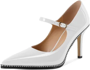 SAMMITOP Womens Mary Jane High Heel Pumps Stilettos Pointed Toe Silver Beaded Ankle Strap Court Office Party Wedding Dress Shoes 3.5 Inch