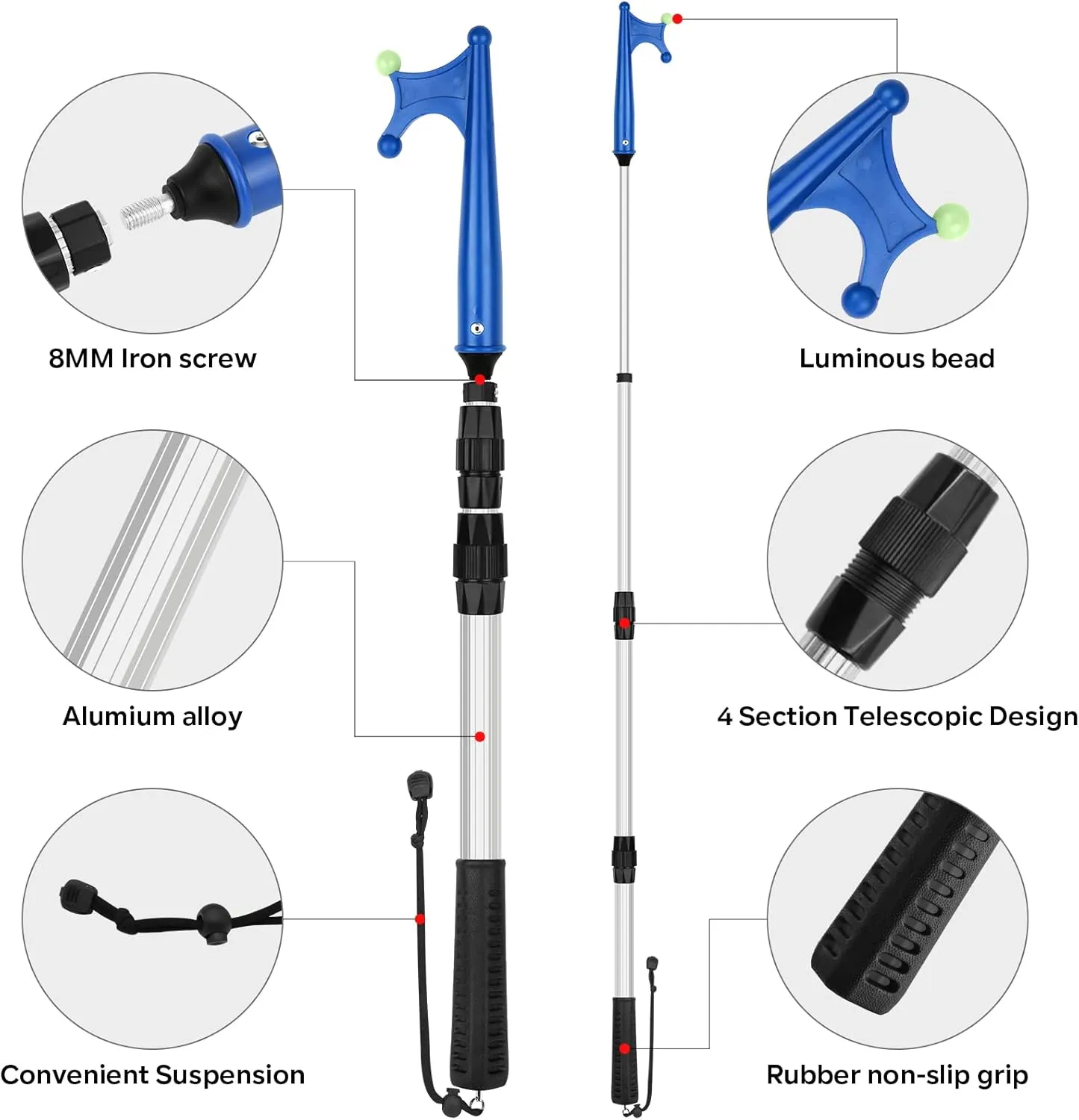 SAN LIKE Boat Hooks for Docking Extension Pole Hook Telescopic Boat Pole with Luminous Bead, Lightweight Floating, Non-Slip Rubber Handle, Durable & Rust-Resistant