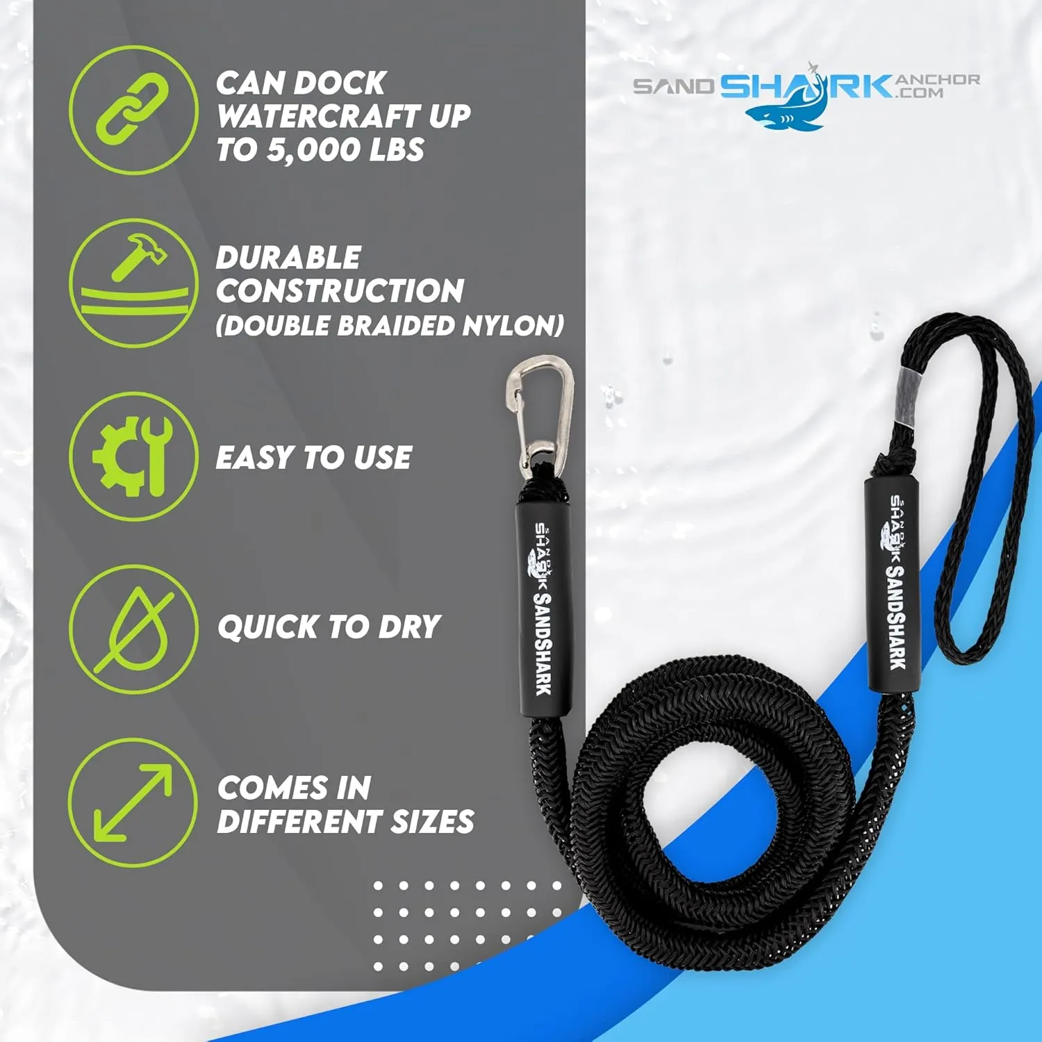 SandShark Premium Anchor Bungee Dock Line. Boat Accessories Anchor Line Absorbs Shock to Anchors and Docks w/Stainless Steel Clip - Black - 7-14ft