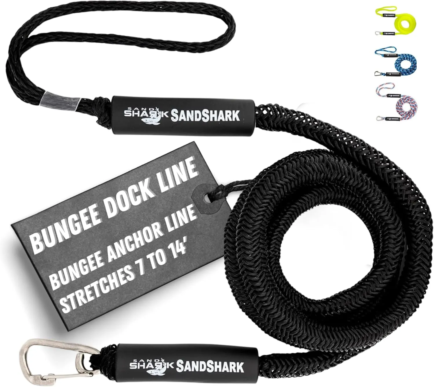 SandShark Premium Anchor Bungee Dock Line. Boat Accessories Anchor Line Absorbs Shock to Anchors and Docks w/Stainless Steel Clip - Black - 7-14ft