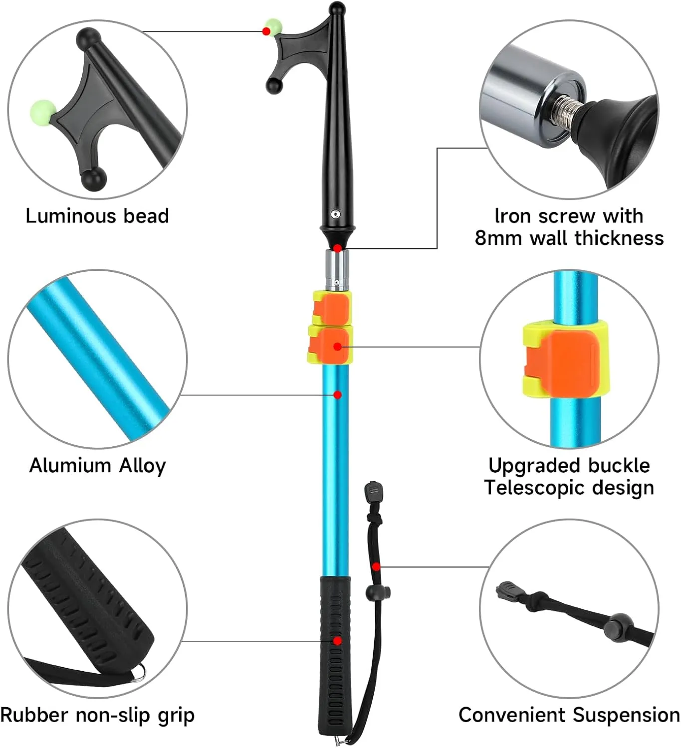 SANLIKE Boat Hooks for Docking Heavy Duty Telescoping Extension Pole Hook with Luminous Bead, Lightweight Floating, Non-Slip Rubber Handle, Durable & Rust-Resistant