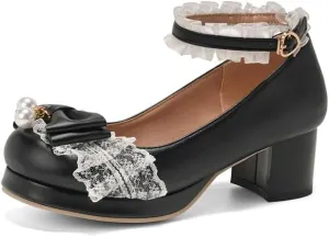 Seborluys Women's Sweet Lolita Cosplay Shoes Mid Chunky Heel Kawaii Platform Mary Jane Dress Pumps Ankle Strap with Lace Bow