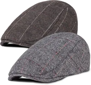 Senker Fashion 2 Pack Newsboy Cap for Men Adjustable Herringbone Tweed Wool Hats Blend Flat Cap Ivy Cabbie Driving Hat