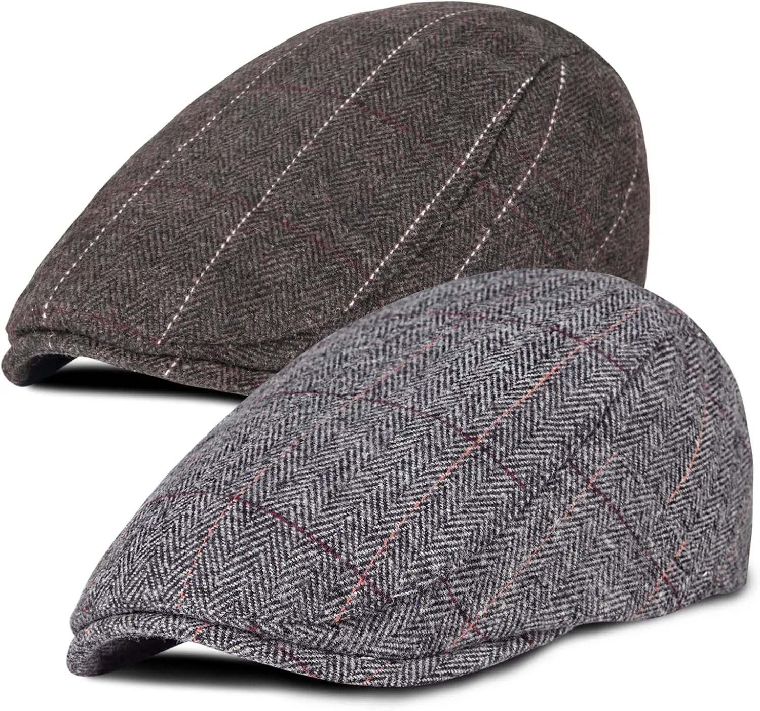 Senker Fashion 2 Pack Newsboy Cap for Men Adjustable Herringbone Tweed Wool Hats Blend Flat Cap Ivy Cabbie Driving Hat