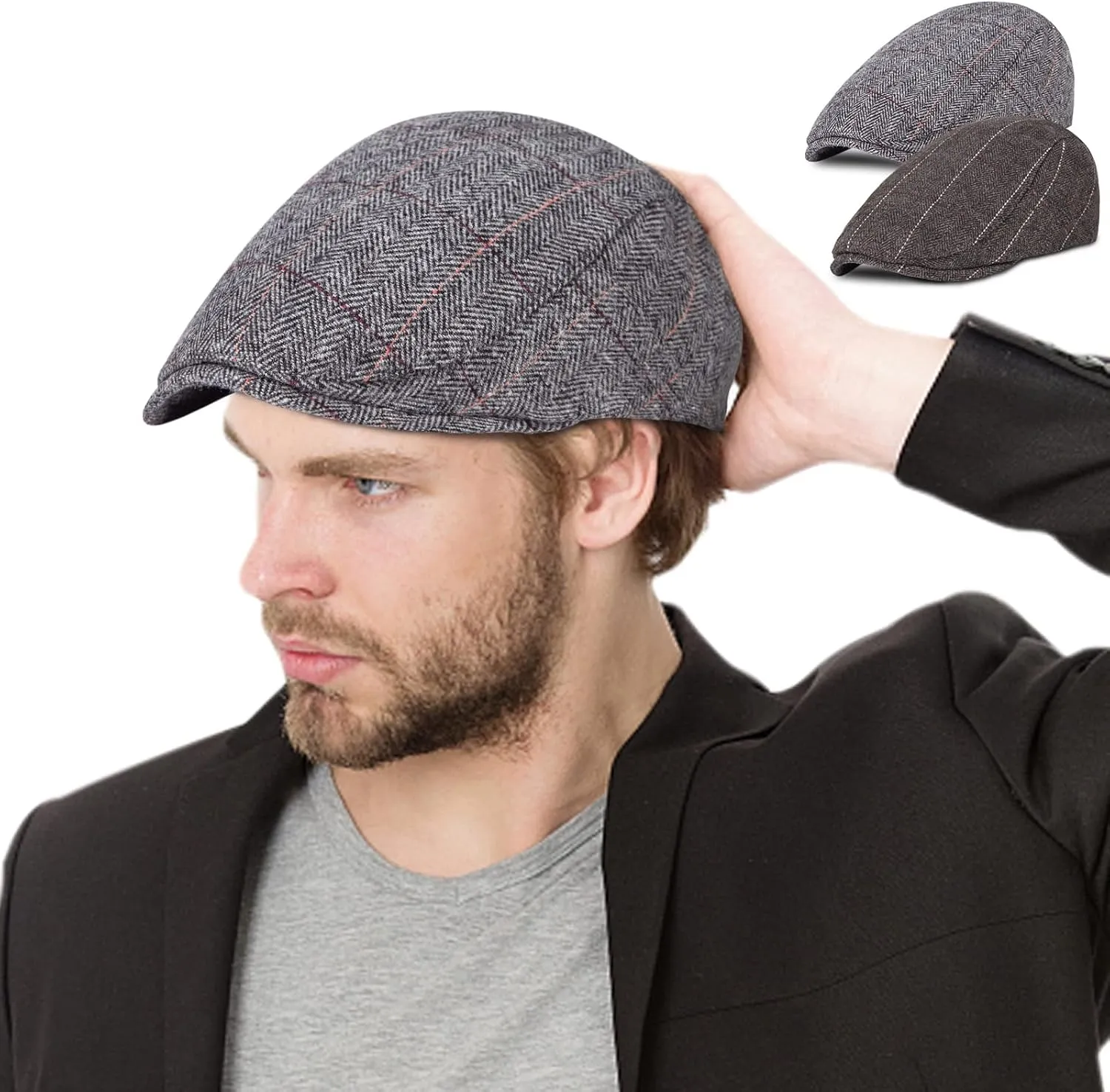 Senker Fashion 2 Pack Newsboy Cap for Men Adjustable Herringbone Tweed Wool Hats Blend Flat Cap Ivy Cabbie Driving Hat