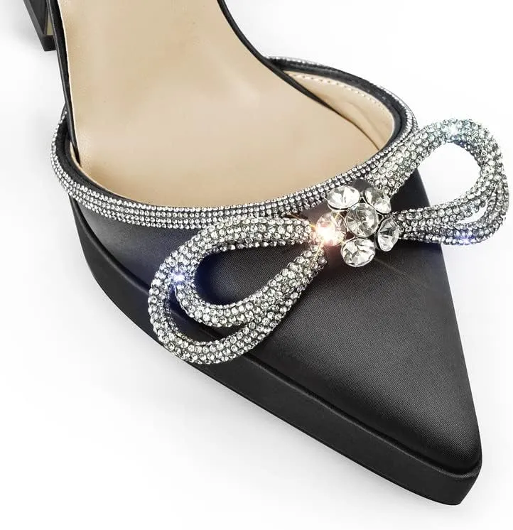 sexytag Women's Rhinestone Bow Platform Sandals Chunky High Heels Clear Ankle Strap Poined Toe Pumps