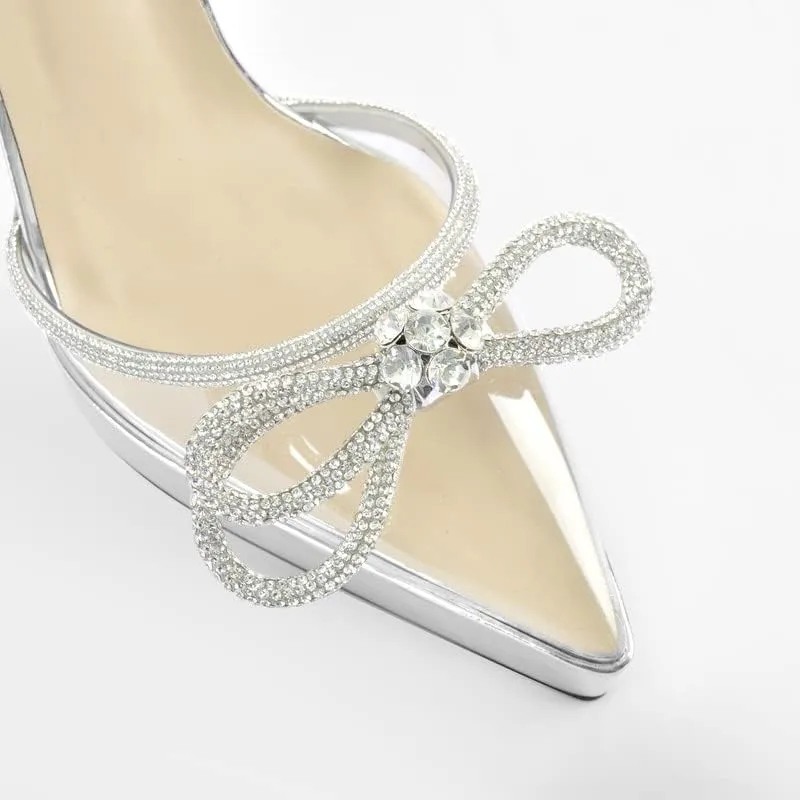 sexytag Women's Rhinestone Bow Platform Sandals Chunky High Heels Clear Ankle Strap Poined Toe Pumps
