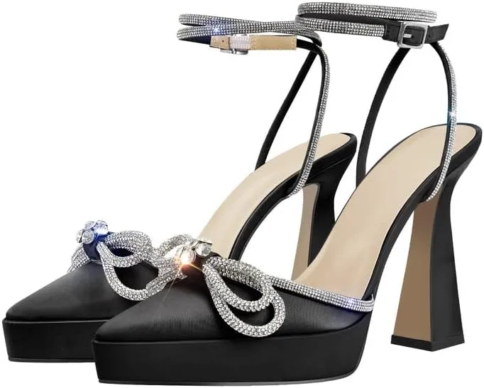 sexytag Women's Rhinestone Bow Platform Sandals Chunky High Heels Clear Ankle Strap Poined Toe Pumps