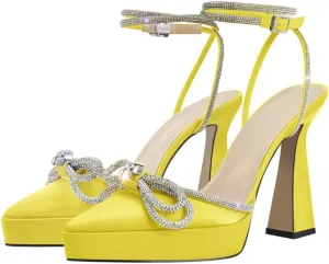 sexytag Women's Rhinestone Bow Platform Sandals Chunky High Heels Clear Ankle Strap Poined Toe Pumps