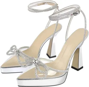 sexytag Women's Rhinestone Bow Platform Sandals Chunky High Heels Clear Ankle Strap Poined Toe Pumps