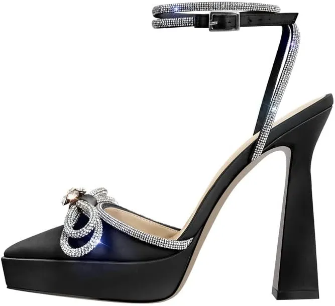 sexytag Women's Rhinestone Bow Platform Sandals Chunky High Heels Clear Ankle Strap Poined Toe Pumps
