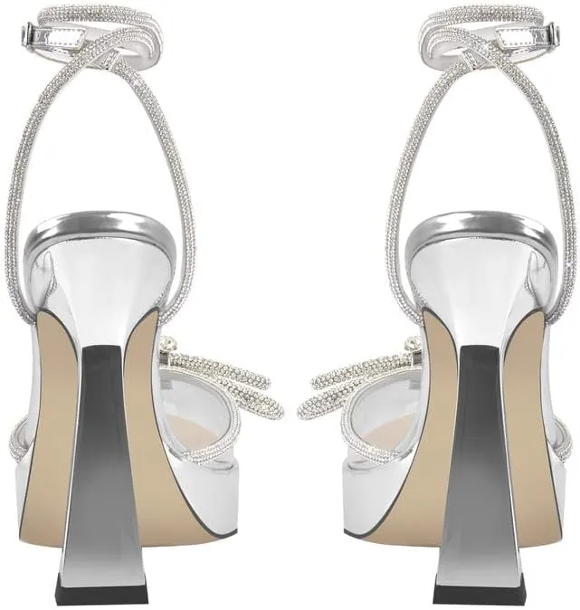 sexytag Women's Rhinestone Bow Platform Sandals Chunky High Heels Clear Ankle Strap Poined Toe Pumps