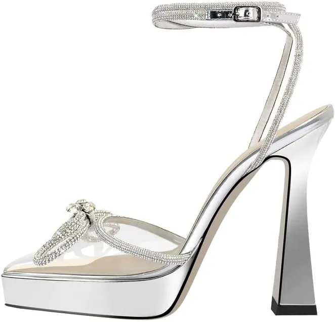 sexytag Women's Rhinestone Bow Platform Sandals Chunky High Heels Clear Ankle Strap Poined Toe Pumps