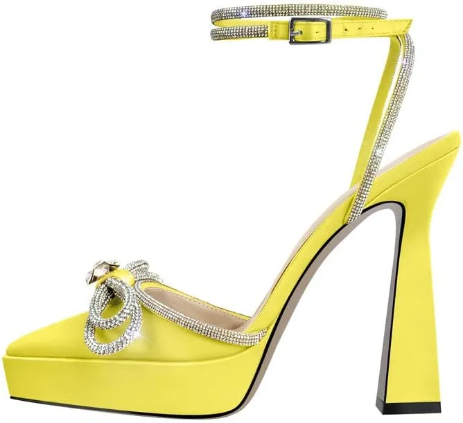 sexytag Women's Rhinestone Bow Platform Sandals Chunky High Heels Clear Ankle Strap Poined Toe Pumps