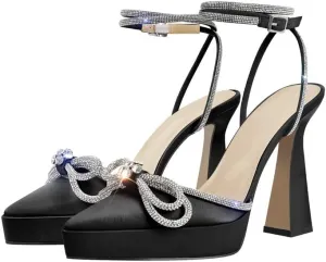 sexytag Women's Rhinestone Bow Platform Sandals Chunky High Heels Clear Ankle Strap Poined Toe Pumps