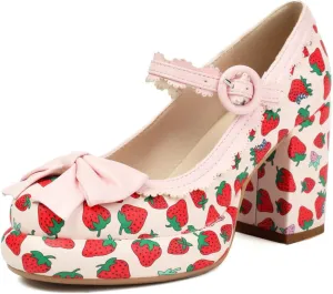 Shinelly Platform Chunky Heels Cute Strawberry Mary Janes Round Toe High Heel Kawaii Pump Shoes