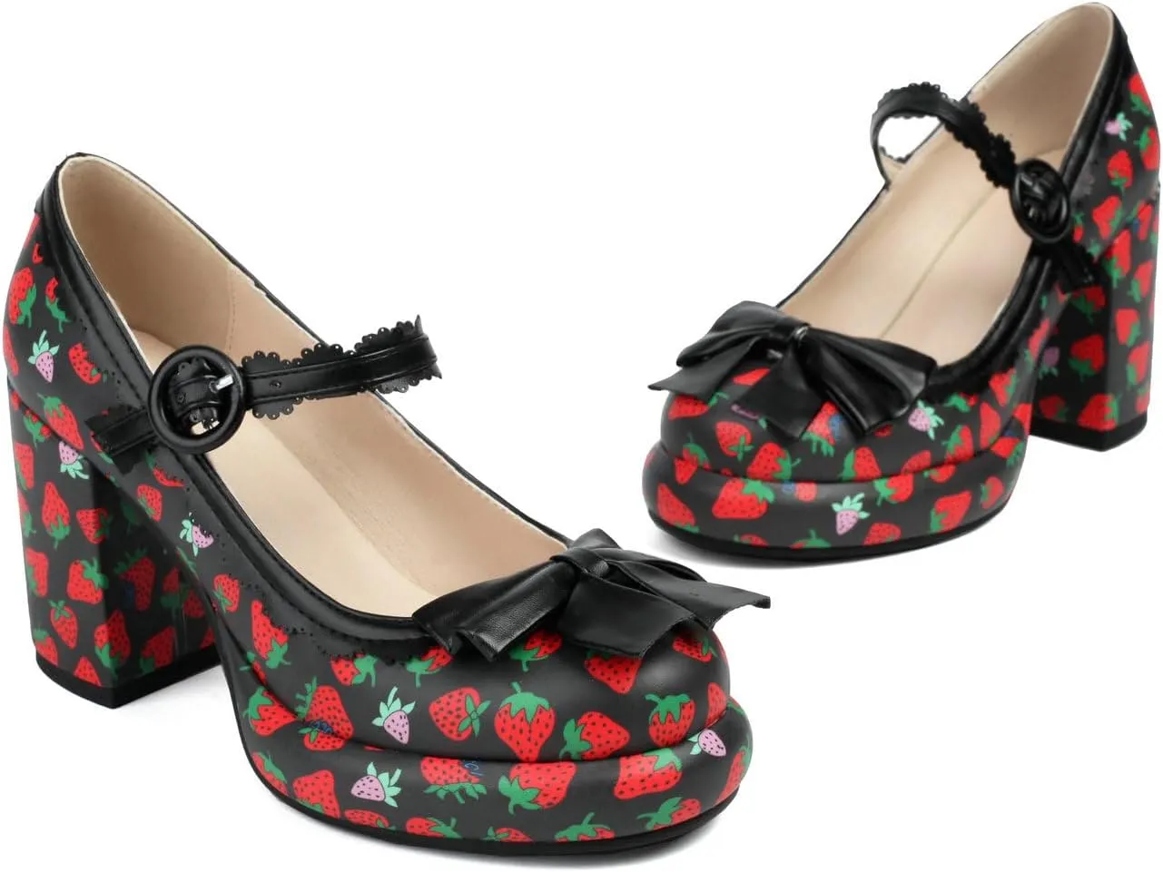Shinelly Platform Chunky Heels Cute Strawberry Mary Janes Round Toe High Heel Kawaii Pump Shoes