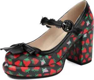 Shinelly Platform Chunky Heels Cute Strawberry Mary Janes Round Toe High Heel Kawaii Pump Shoes