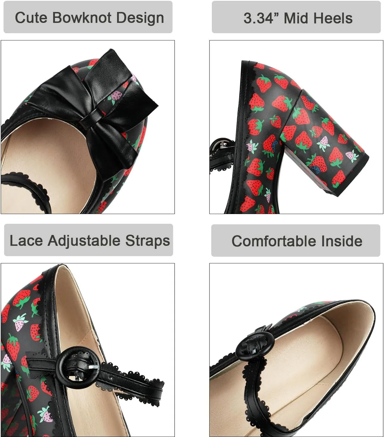 Shinelly Platform Chunky Heels Cute Strawberry Mary Janes Round Toe High Heel Kawaii Pump Shoes