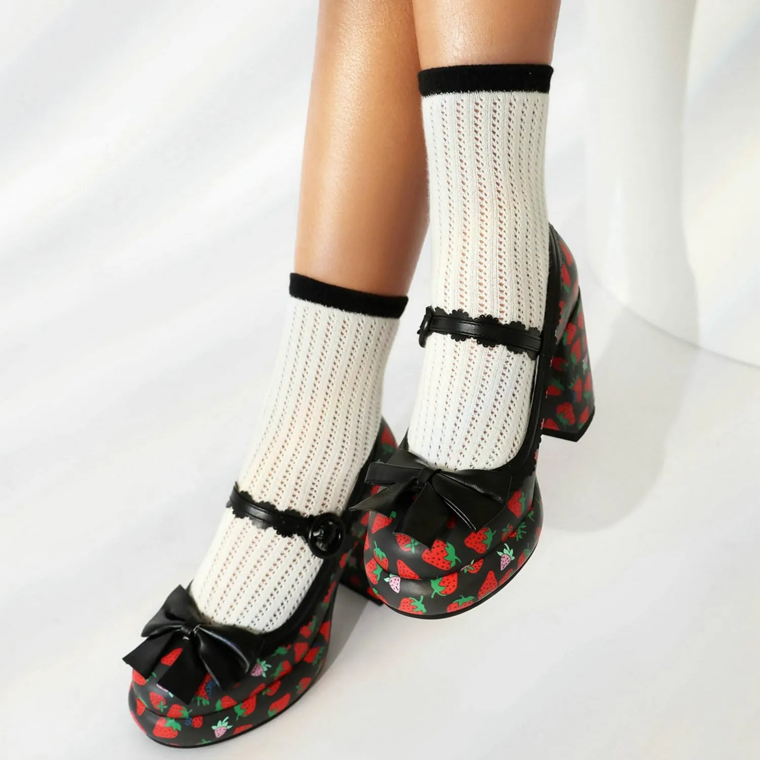 Shinelly Platform Chunky Heels Cute Strawberry Mary Janes Round Toe High Heel Kawaii Pump Shoes