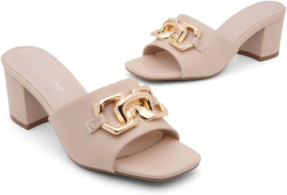 Shoe Land Women’s Low Block Heels – Square Open Toe Slip-On Mules, Slides & Sandals with Metal Chain | Casual & Dressy Chunky Heels for Wedding, Prom & Everyday