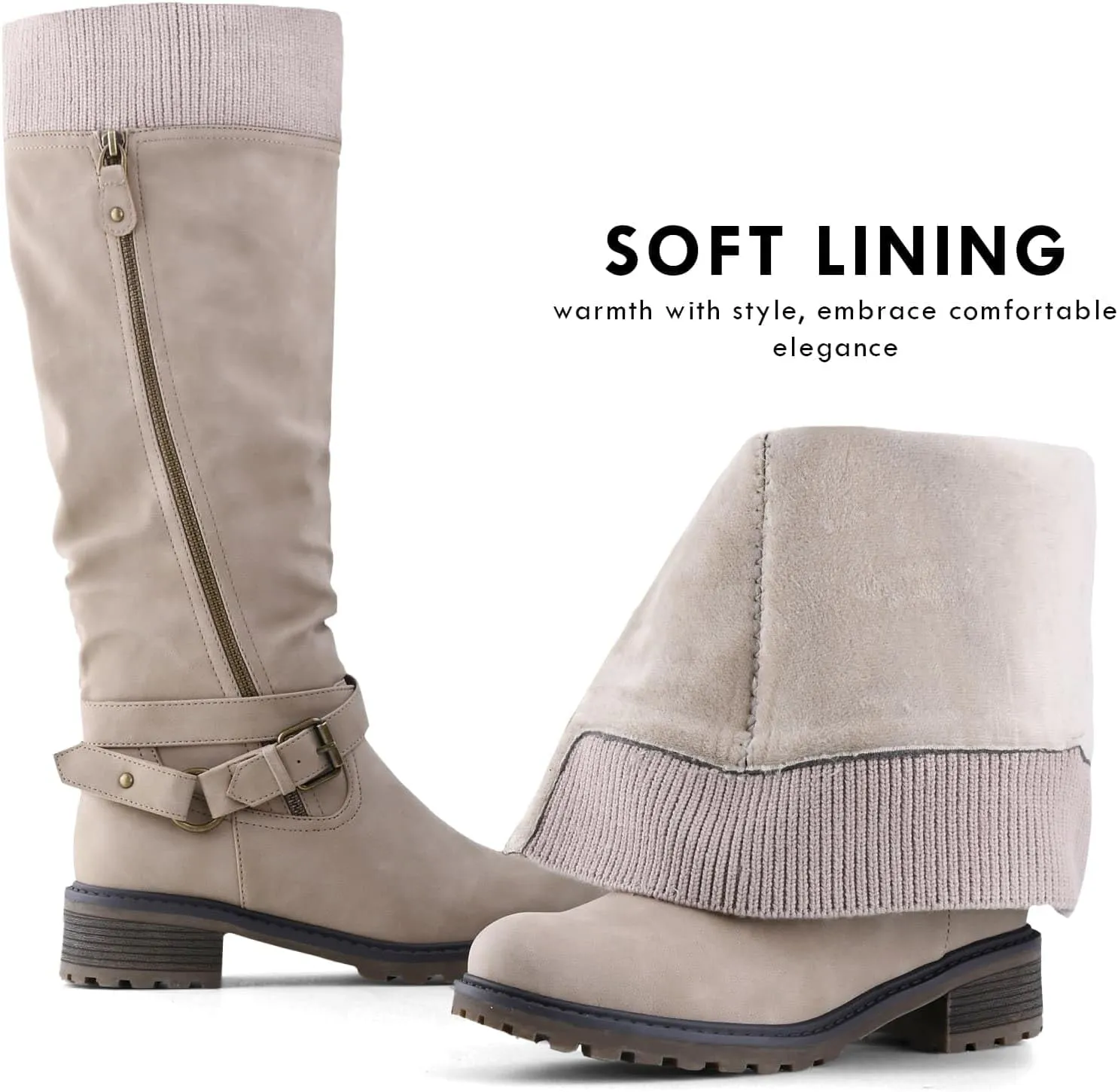 Shoe'N Tale Women's Wide Calf Knee High Boots Stretchy Low Heel Round Toe Winter Boots with Side Zipper