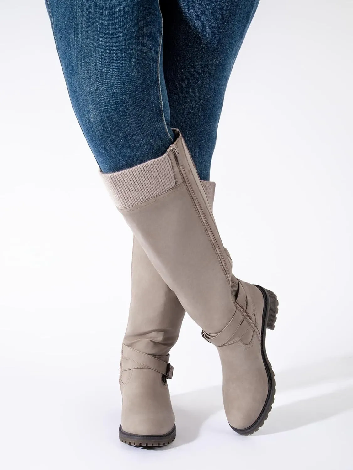 Shoe'N Tale Women's Wide Calf Knee High Boots Stretchy Low Heel Round Toe Winter Boots with Side Zipper