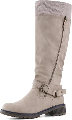 Shoe'N Tale Women's Wide Calf Knee High Boots Stretchy Low Heel Round Toe Winter Boots with Side Zipper