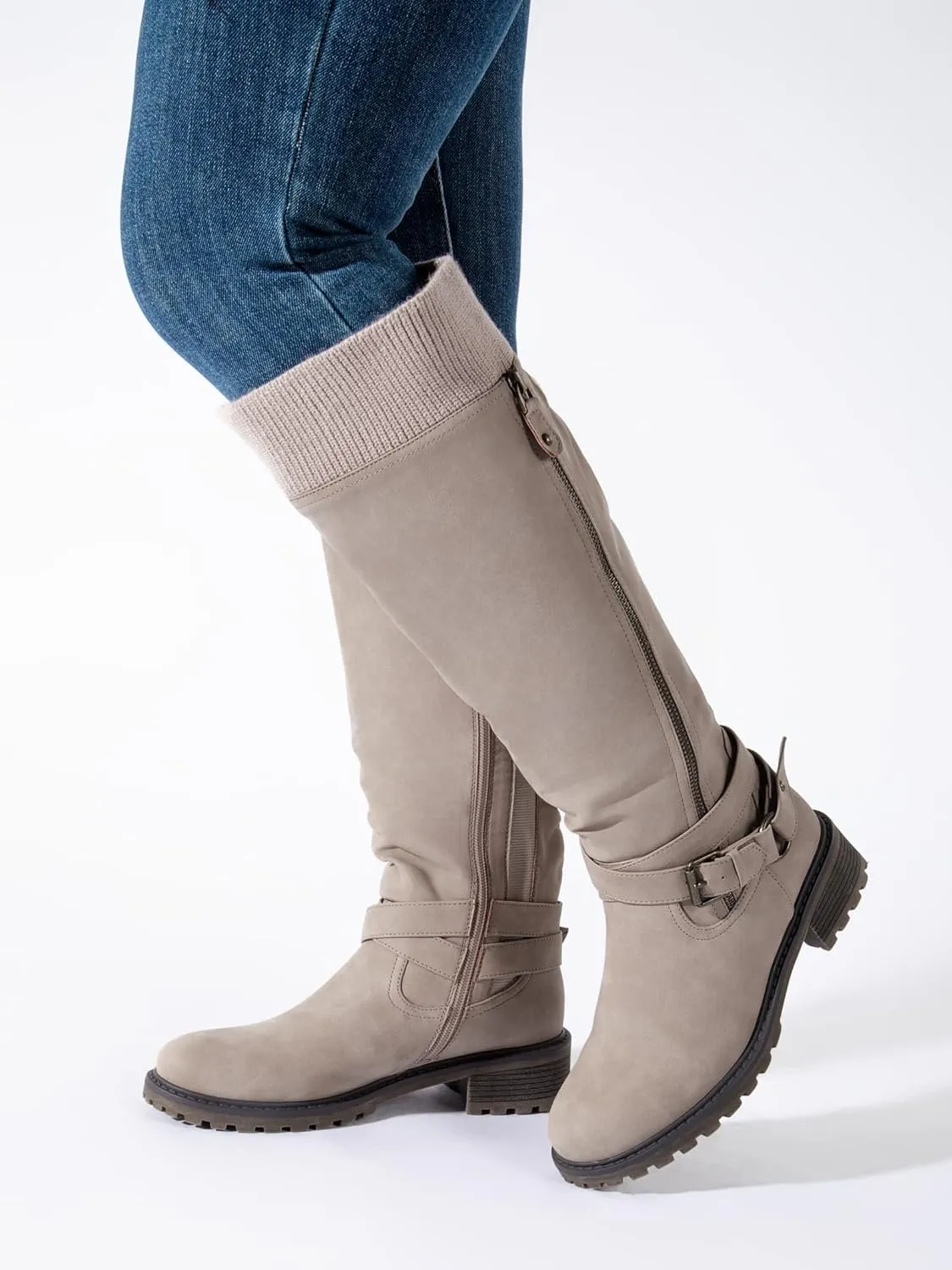 Shoe'N Tale Women's Wide Calf Knee High Boots Stretchy Low Heel Round Toe Winter Boots with Side Zipper