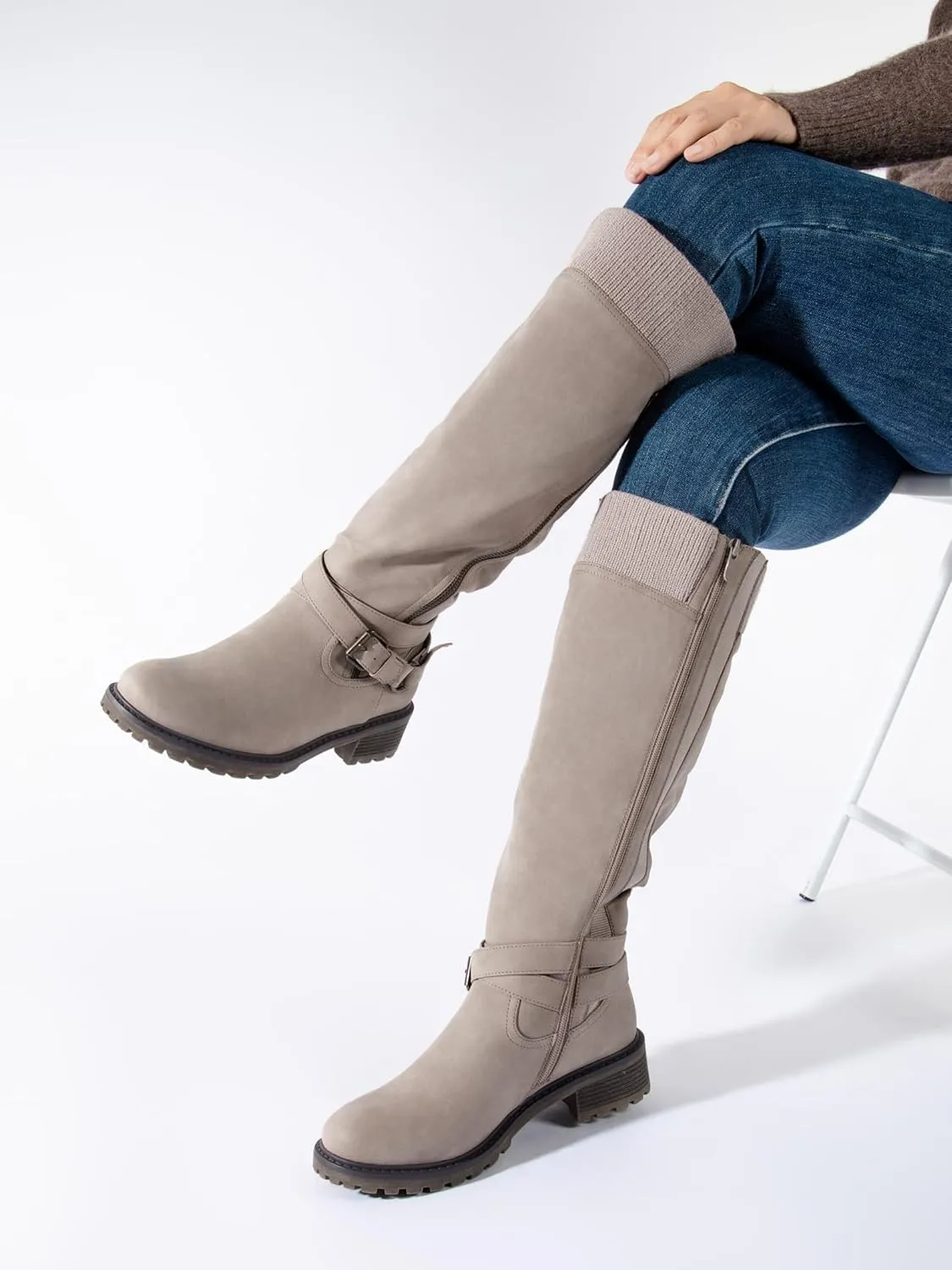 Shoe'N Tale Women's Wide Calf Knee High Boots Stretchy Low Heel Round Toe Winter Boots with Side Zipper