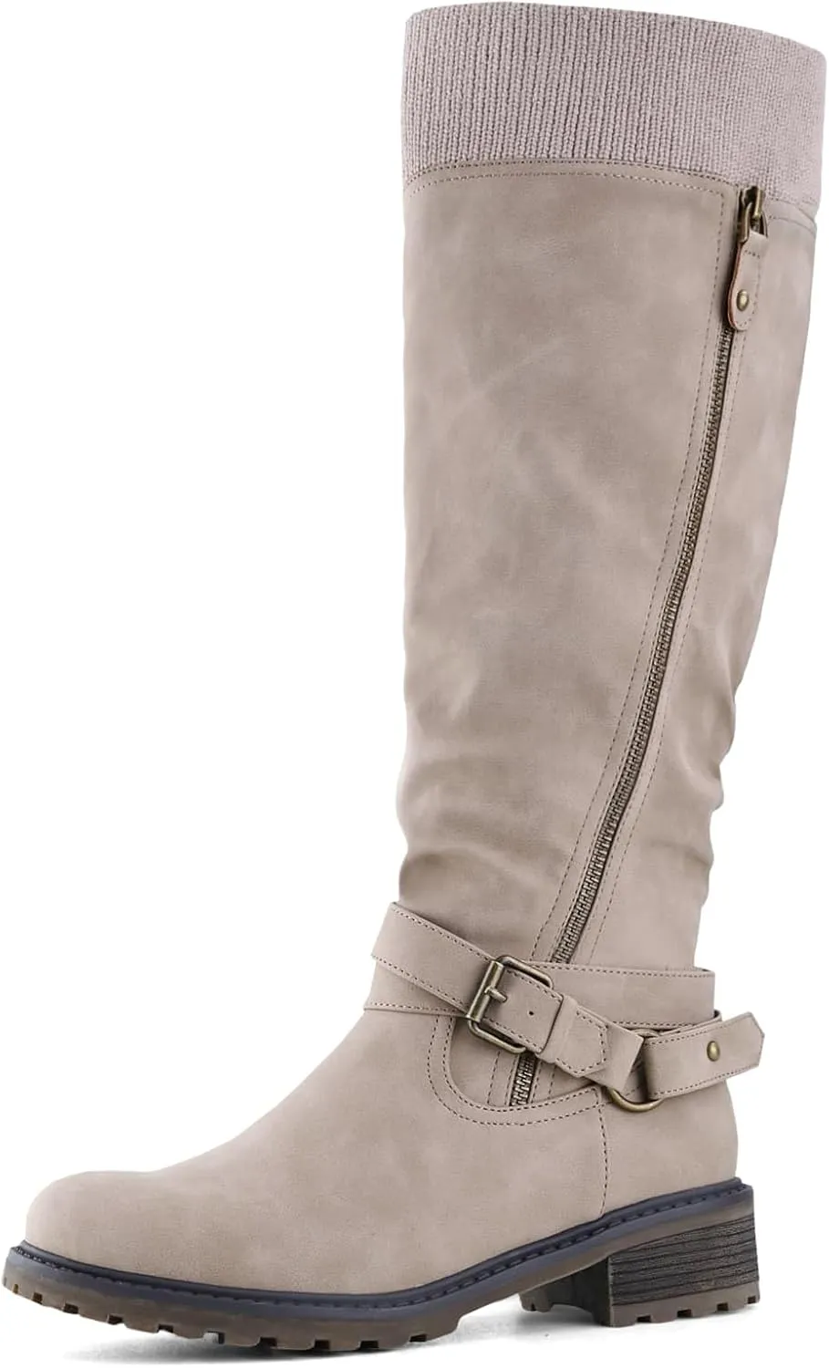 Shoe'N Tale Women's Wide Calf Knee High Boots Stretchy Low Heel Round Toe Winter Boots with Side Zipper