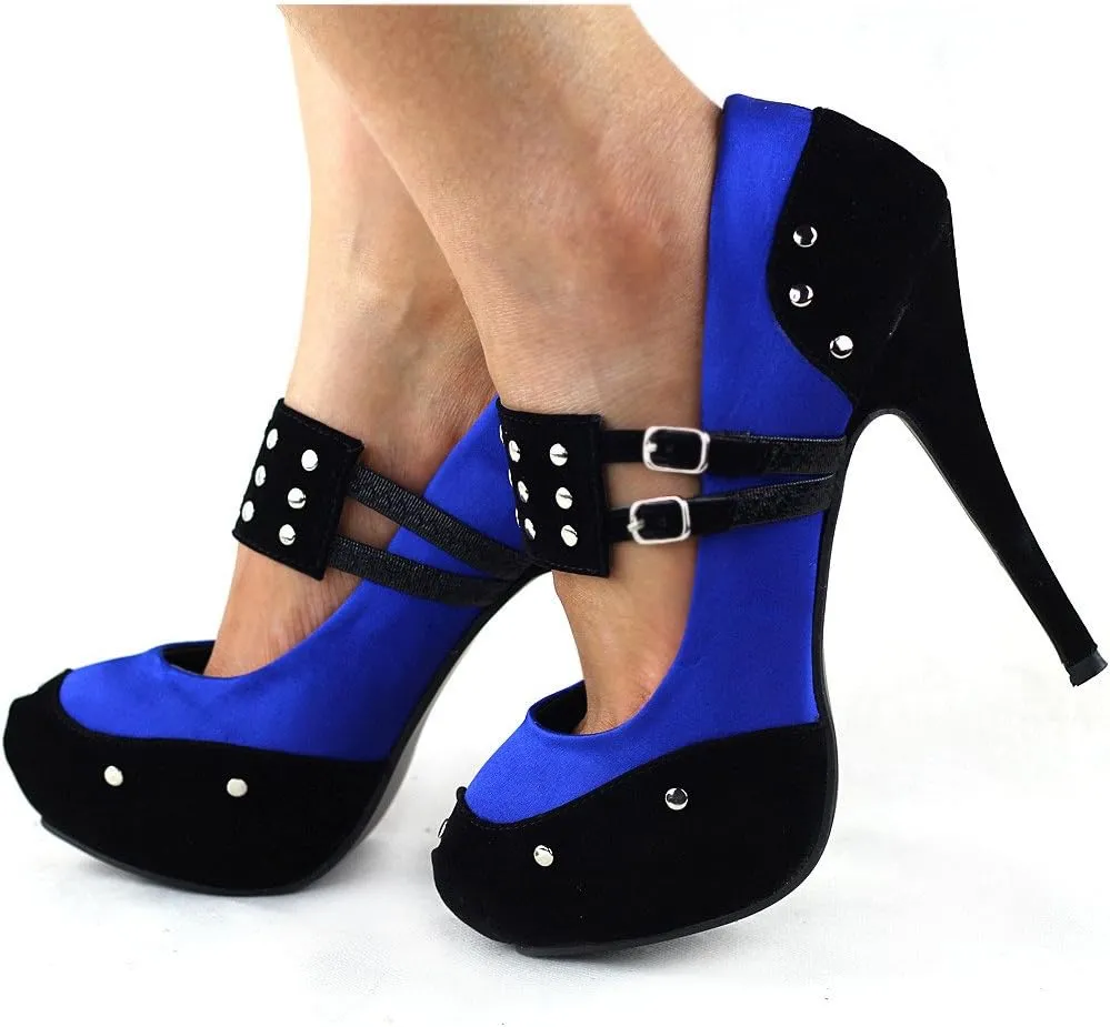 SHOW STORY Two Tone Metal Stud Buckle High Heel Stiletto Platform Pumps,LF30438