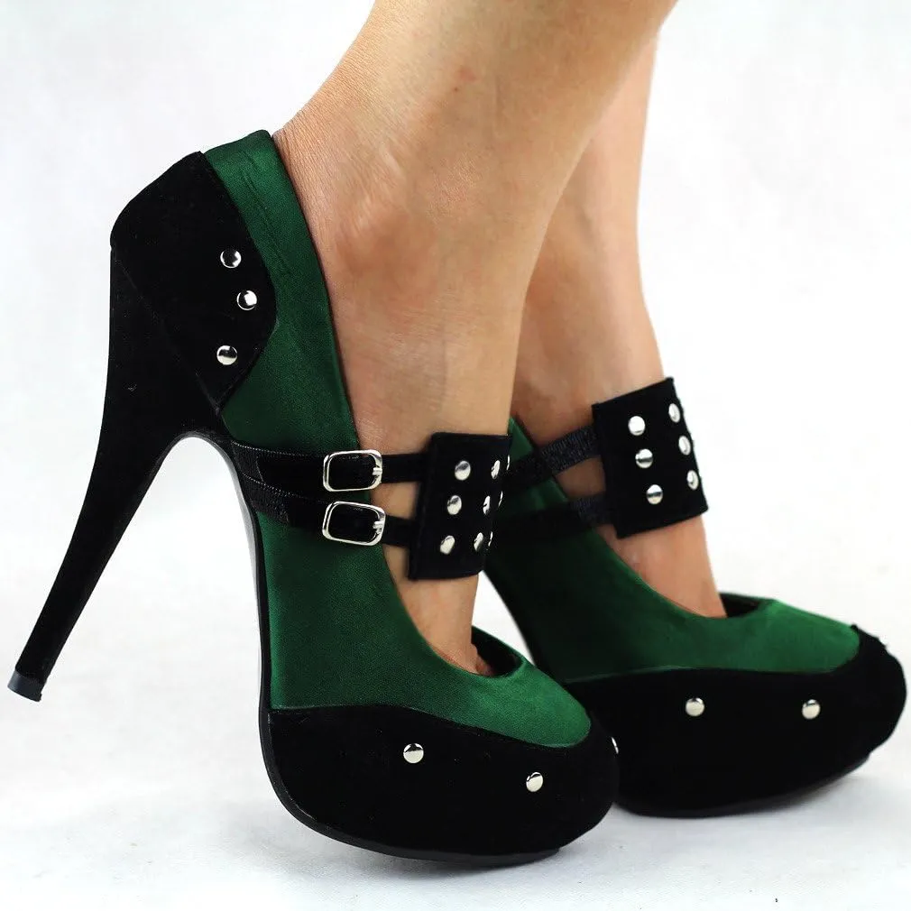 SHOW STORY Two Tone Metal Stud Buckle High Heel Stiletto Platform Pumps,LF30438