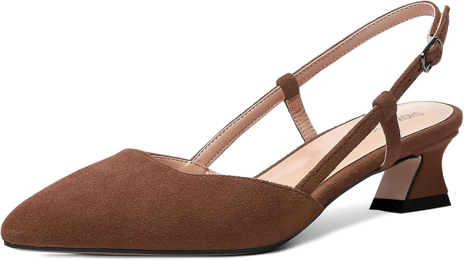 SHOWFOREST Womens Business Pointed Toe Suede Buckle Adjustable Strap Solid Closed Toe Kitten Low Heel Pumps Shoes 1.5 Inch
