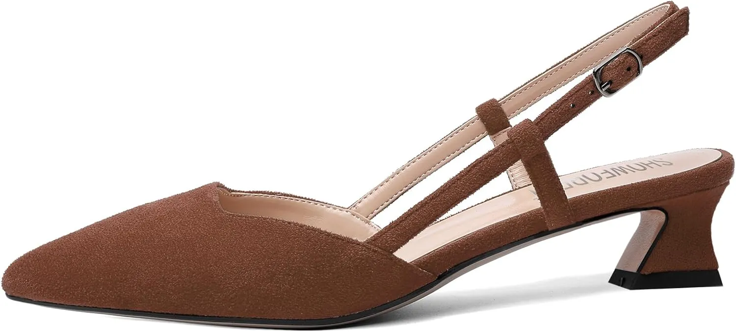 SHOWFOREST Womens Business Pointed Toe Suede Buckle Adjustable Strap Solid Closed Toe Kitten Low Heel Pumps Shoes 1.5 Inch