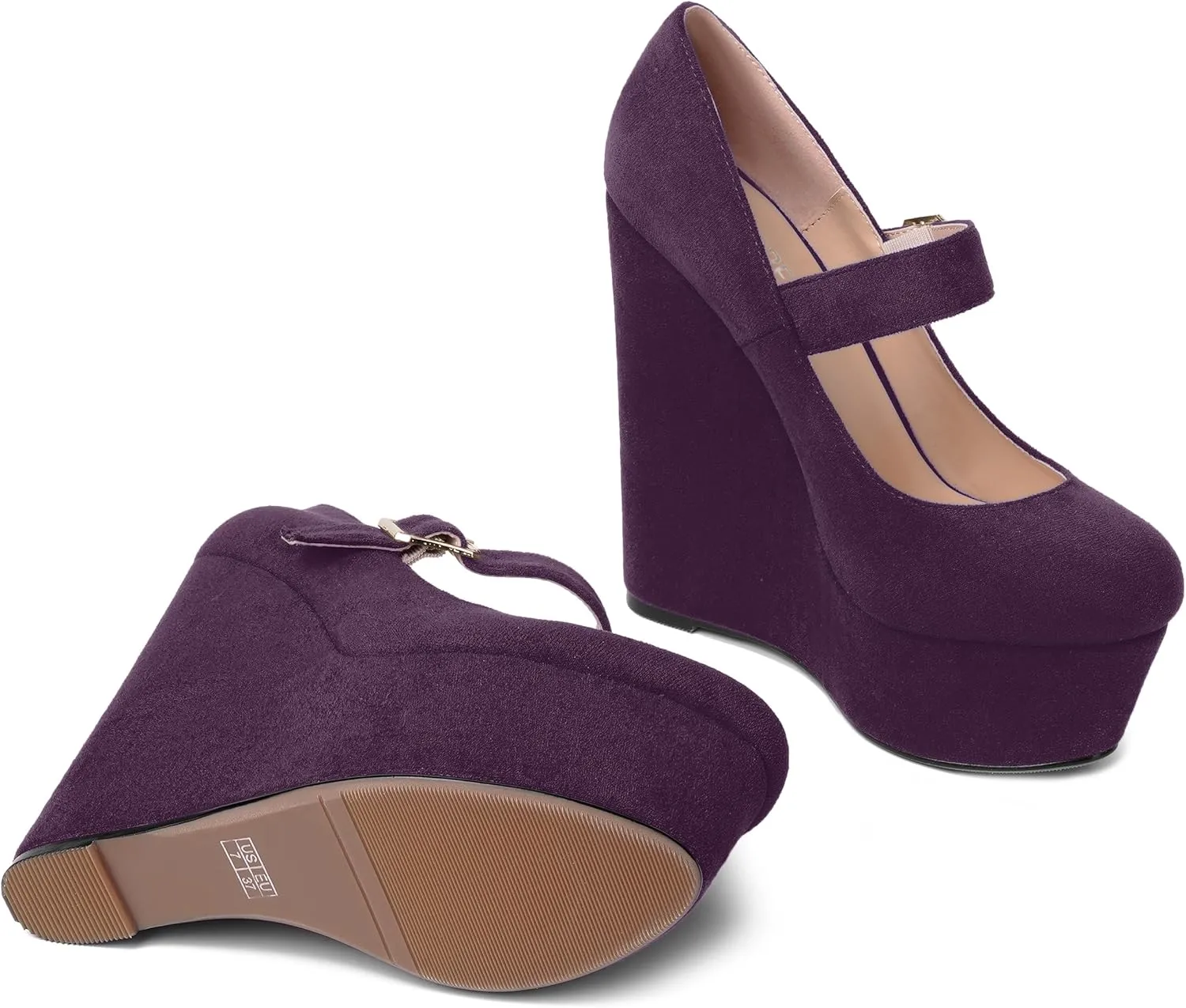 SHOWFOREST Womens Sexy Wedding Platform Suede Buckle Adjustable Strap Solid Round Toe Wedge High Heel Pumps Shoes 6 Inch