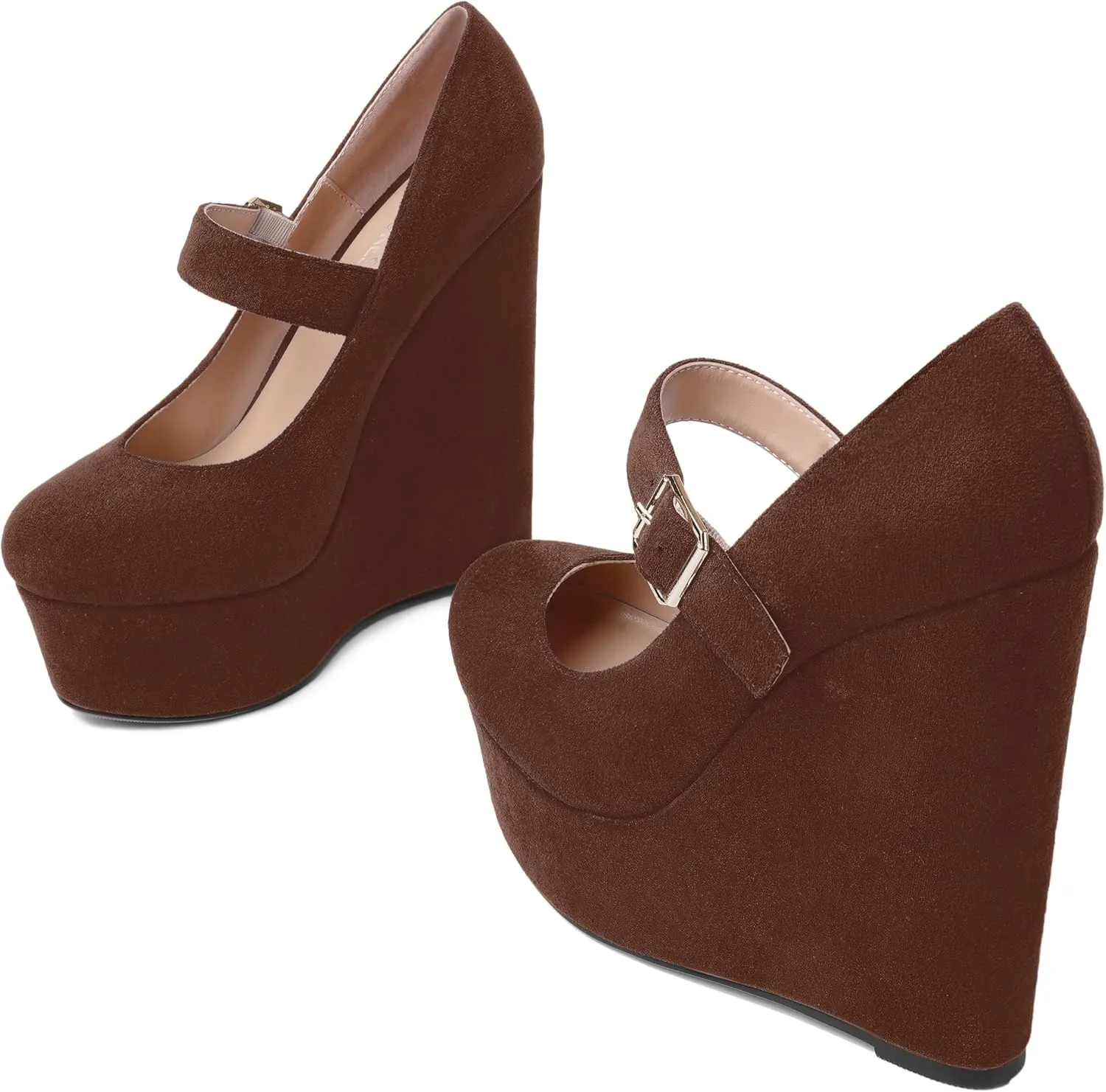 SHOWFOREST Womens Sexy Wedding Platform Suede Buckle Adjustable Strap Solid Round Toe Wedge High Heel Pumps Shoes 6 Inch