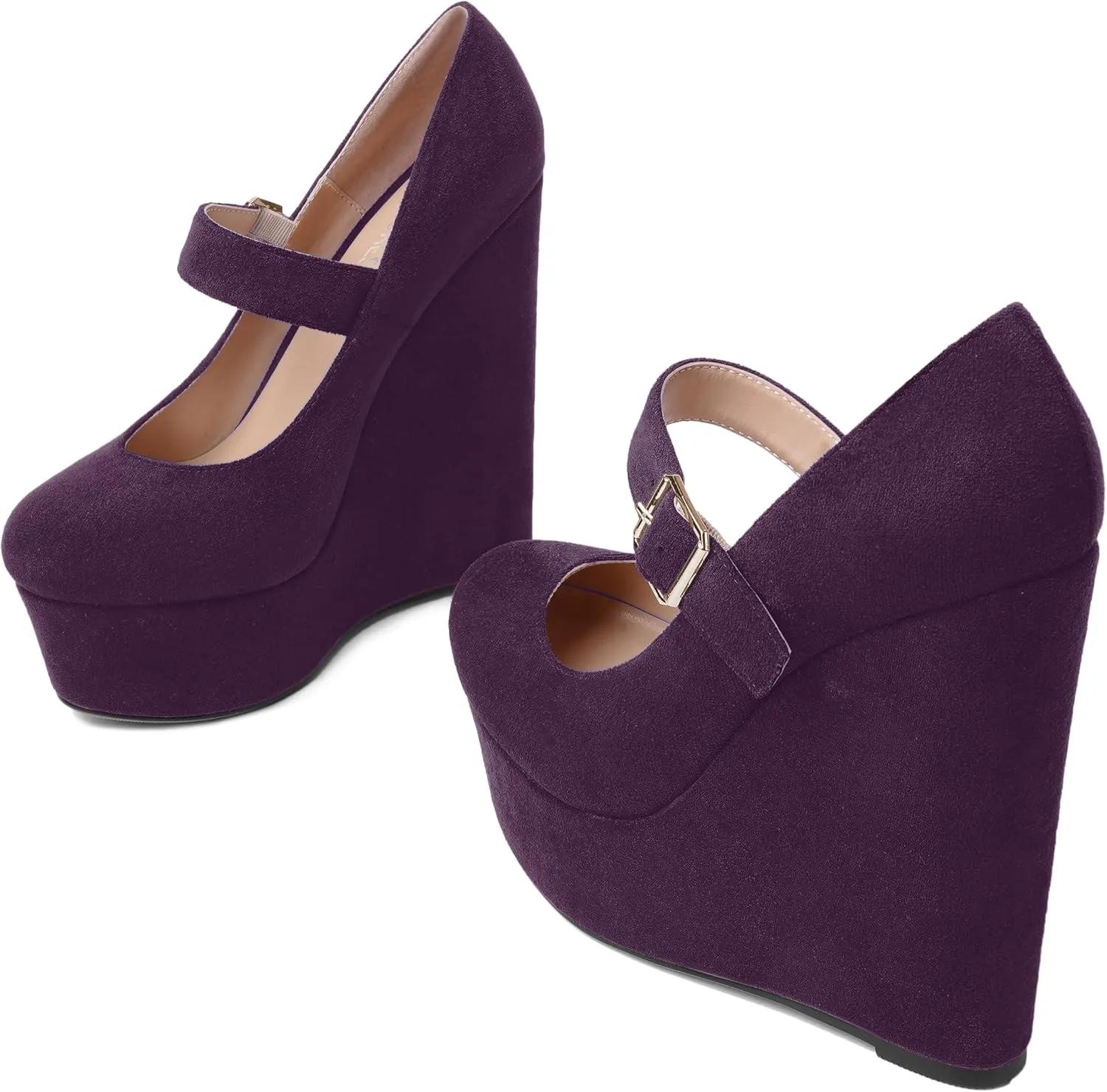SHOWFOREST Womens Sexy Wedding Platform Suede Buckle Adjustable Strap Solid Round Toe Wedge High Heel Pumps Shoes 6 Inch