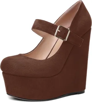 SHOWFOREST Womens Sexy Wedding Platform Suede Buckle Adjustable Strap Solid Round Toe Wedge High Heel Pumps Shoes 6 Inch