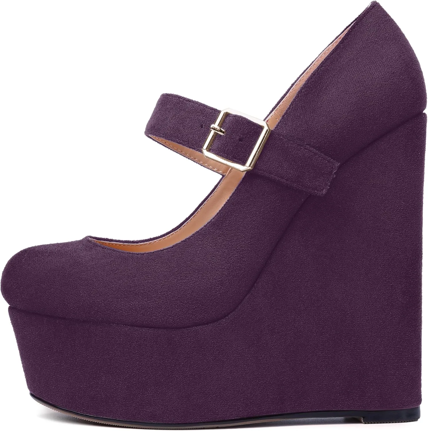 SHOWFOREST Womens Sexy Wedding Platform Suede Buckle Adjustable Strap Solid Round Toe Wedge High Heel Pumps Shoes 6 Inch