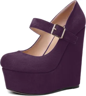 SHOWFOREST Womens Sexy Wedding Platform Suede Buckle Adjustable Strap Solid Round Toe Wedge High Heel Pumps Shoes 6 Inch