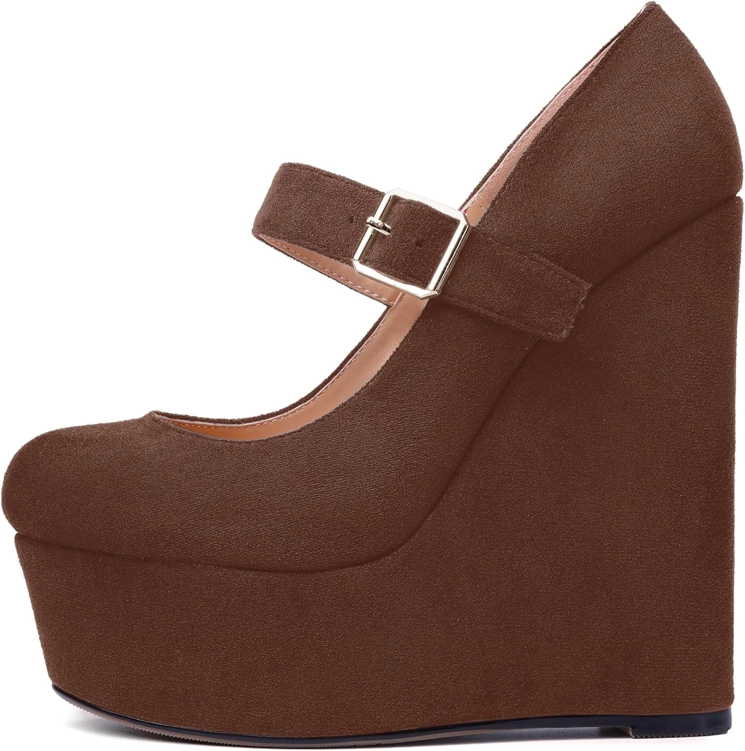 SHOWFOREST Womens Sexy Wedding Platform Suede Buckle Adjustable Strap Solid Round Toe Wedge High Heel Pumps Shoes 6 Inch