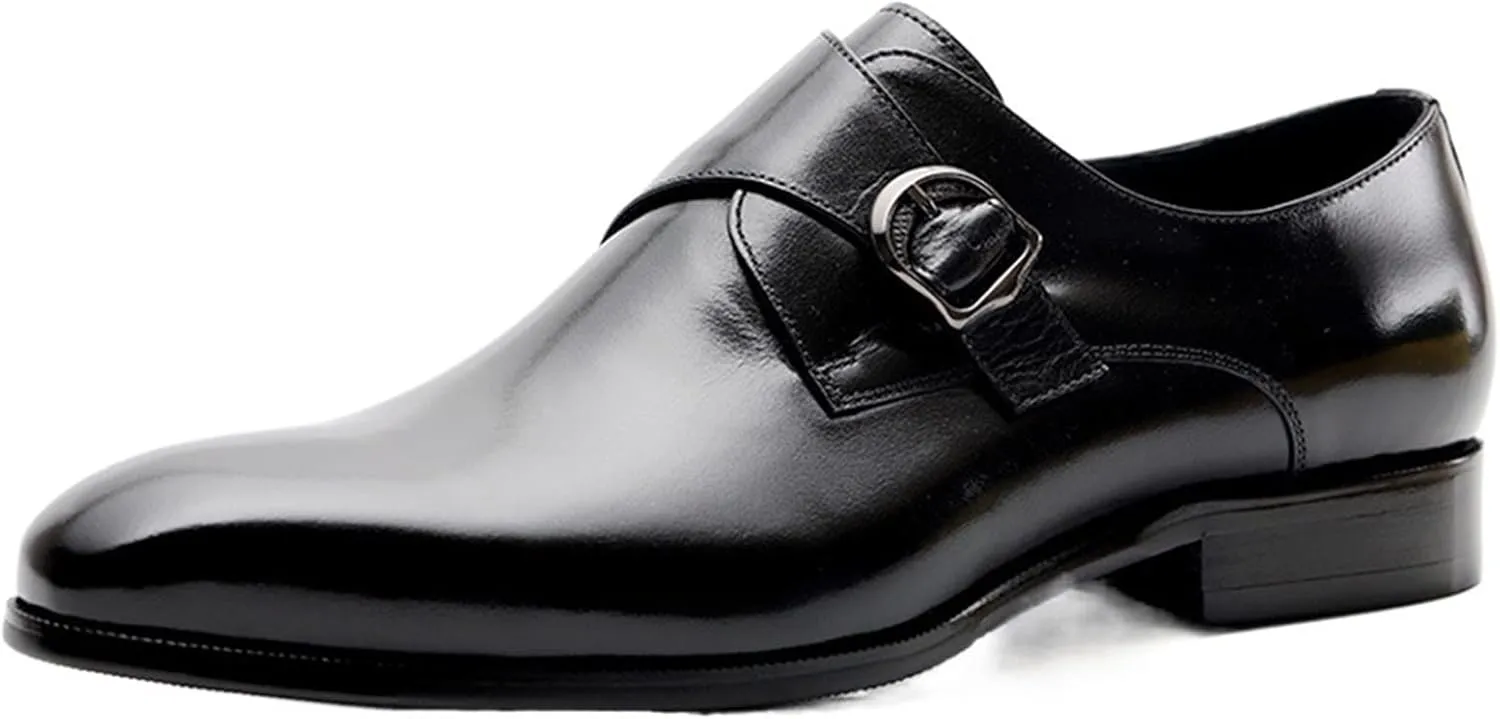 Single Season Formal Dress Shoes for Men Slip On Monk Strap Round Toe Cowhide Low Top Slip Resistant Block Heel Anti-Slip Non Slip Outdoor Very Popular Among Young People (Color : Black