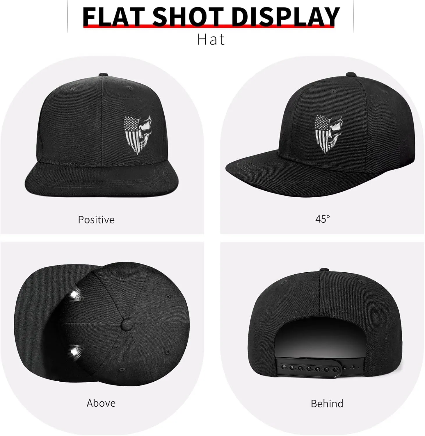 Skull Hat Snapback Hats for Men Boys Skeleton Cap Black Flat Bill Brim Trucker Snap Backpack Hat